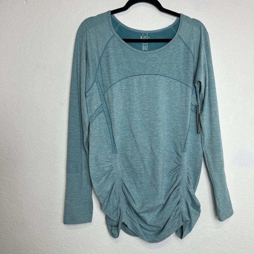 Under Control Compression Tee ruching detail, thumb holes, teal blue, Size 3X